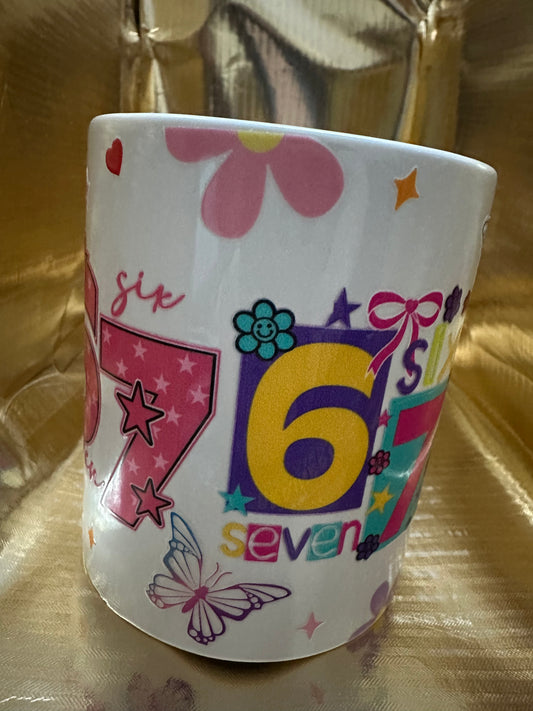 Happy Birthday Mug 6 7 Design with Flowers and Butterflies