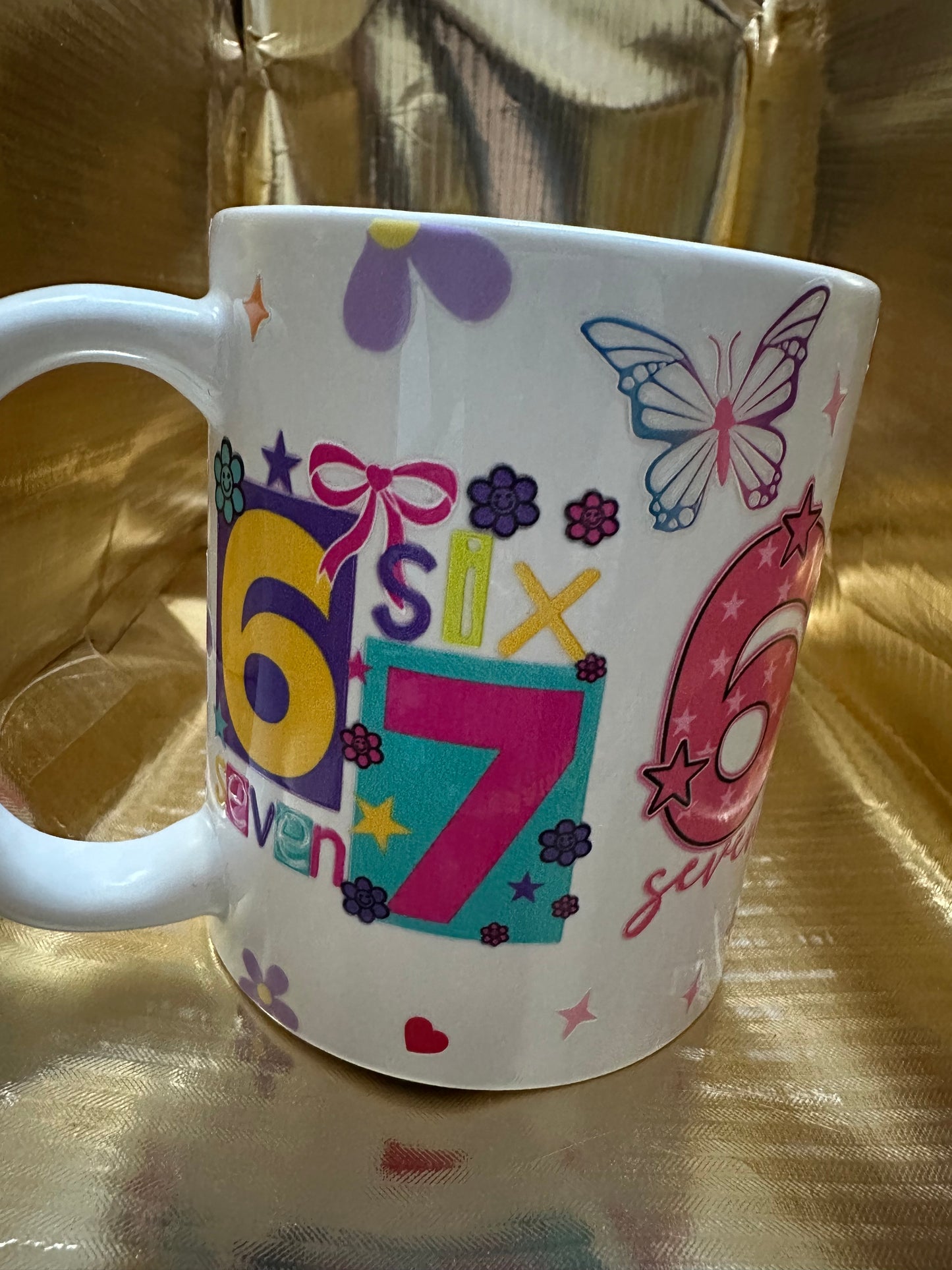 Happy Birthday Mug 6 7 Design with Flowers and Butterflies