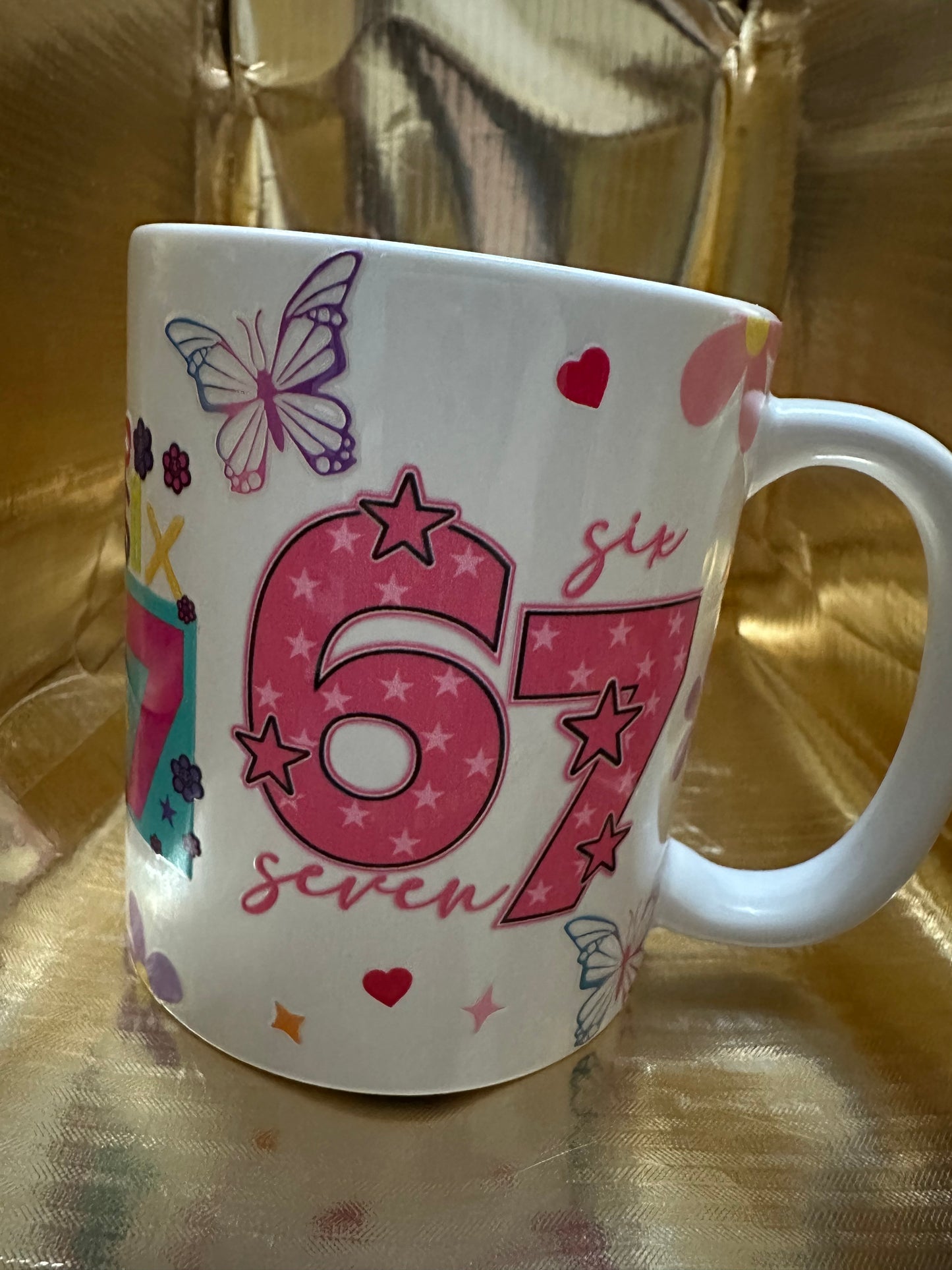 Happy Birthday Mug 6 7 Design with Flowers and Butterflies